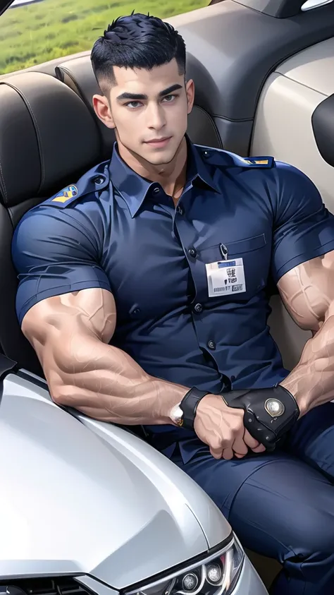 (Create a masterpiece: 1.2),(CGI art:1.3),(realistic:1.5),(After processing:1.3),(Sharp focus:1.3), 1 man holds the steering wheel of a car ,(crew cut short hair:1.8),black eye, smile,(navy police uniform outsite :1.5),(shirt short sleeves:1.5),collar,(shi...