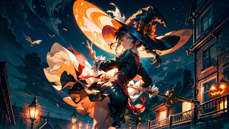 Generate a high-definition image of a witch riding a broomstick. The background is a windy night sky, and the witch is holding a Jack-o-lantern. The witch is dressed in a black dress and a pointed hat, with her hair flowing in the wind. The witch should be...