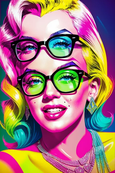 Marilyn Monroe in neon colours, rhinestone frame palette knife style in bright phosphor colors art, printable wall art, funny people prints, funny people, neon glasses, professional photography, detailed rendering, high detail, high resolution, 8k, pixel h...