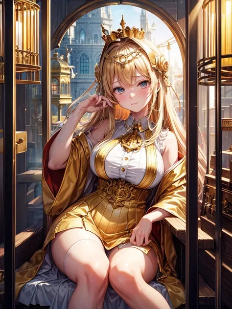 Margaret, a shy and charming blonde high school girl, sits in a huge golden metal birdcage, with her head bowed and her lonely face turned to the side.。She rests her cheek on her knee。The birdcage is suspended from above by a chain in front of a bird shop....