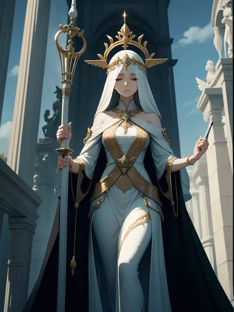 Imagine Themis as a regal figure of divine grace and wisdom, standing tall with a serene expression. Her eyes, hidden behind a white blindfold, signify impartiality and unbiased judgment. She wears a flowing gown that billows softly around her, symbolizing...