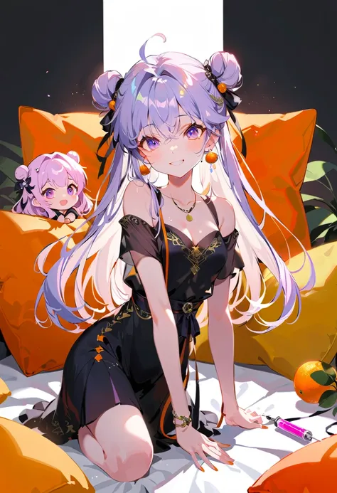 Purple hair girl painting、Glass mandarin orange earrings decorate both ears、Eye color: Ocean pink purple、Space Eyes、Poolside、(((Giant orange shaped cushion)))、((Hugging on a cushion))、Sit down, long hair、Bun Hair、Cool and complicated, Hand holding sliced o...