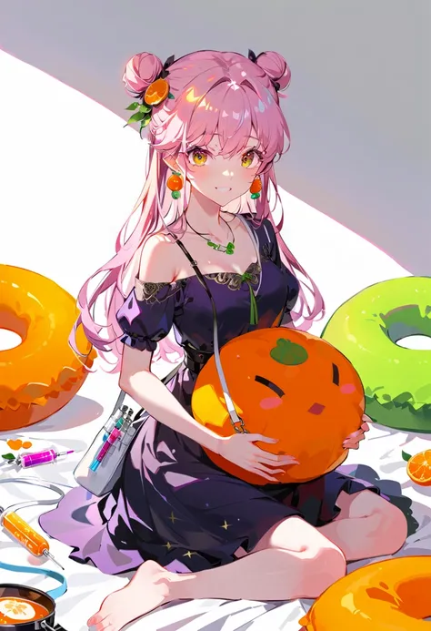 Purple hair girl painting、Glass mandarin orange earrings decorate both ears、Eye color: Ocean pink purple、Space Eyes、Poolside、(((Giant orange shaped cushion)))、((Hugging on a cushion))、Sit down, long hair、Bun Hair、Cool and complicated, Hand holding sliced o...