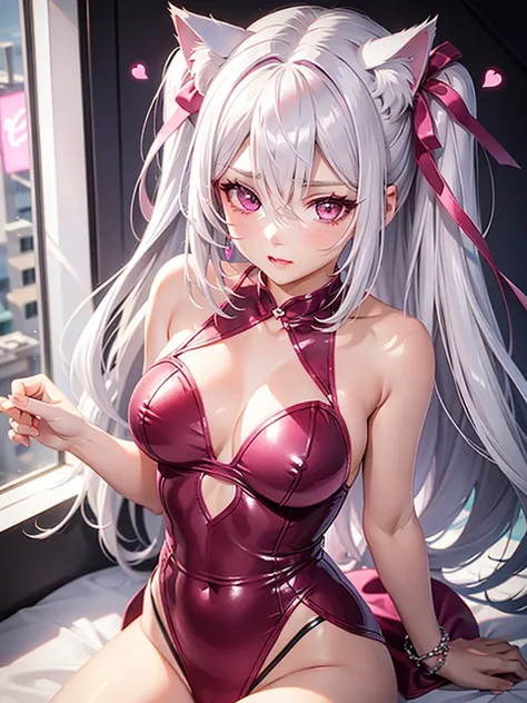 Silver hair, pink eyes, body, cat ears, sexy girl, earrings, heart background fantasy, red pink uniform, hair bow