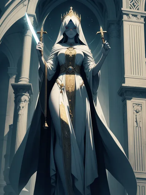 Imagine Themis as a regal figure of divine grace and wisdom, standing tall with a serene expression. Her eyes, hidden behind a white blindfold, signify impartiality and unbiased judgment. She wears a flowing gown that billows softly around her, symbolizing...