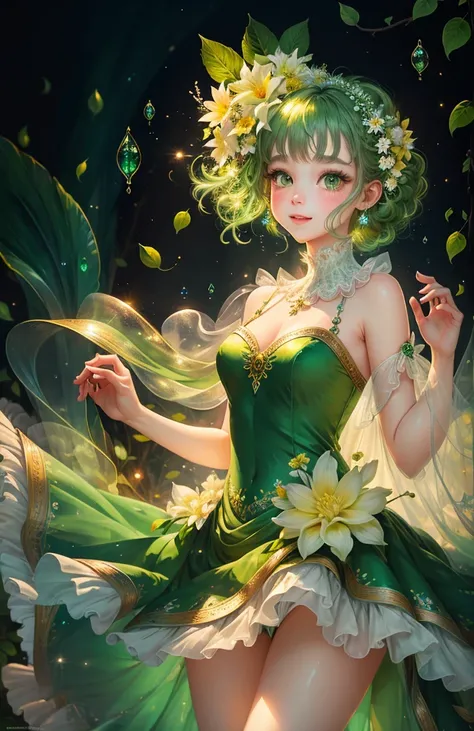 (masterpiece，Highest quality，Highest quality，Beautiful and beautiful:1.2)，Realistic，Full body portrait，A beautiful girl the size of a flower, Flower spirits in human form，Standing at the limit，Face Focus，Beautiful Eyes，Between the leaves，Ultra-realistic，Ch...