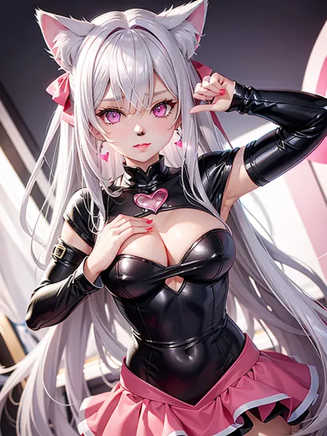 Silver hair, pink eyes, body, cat ears, sexy girl, earrings, heart background fantasy, red pink uniform, hair bow