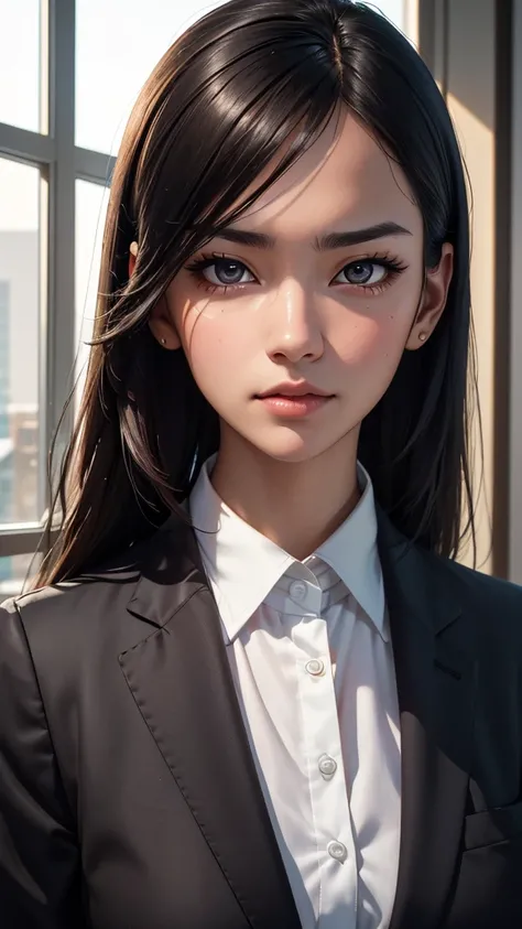 (office setting, desk),((upper body)),japanese,beautiful browneyes, beautiful lips,（furrowed brow） , longeyelashes,((slender)),black hair,((straight hair )),looking away,displeased, office lady, (professional business attire), office setting, desk, (highre...