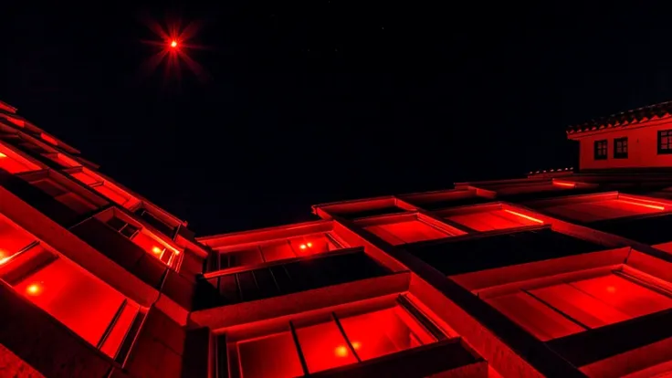 The rooftop has red lights, looking up at the highest floor at night