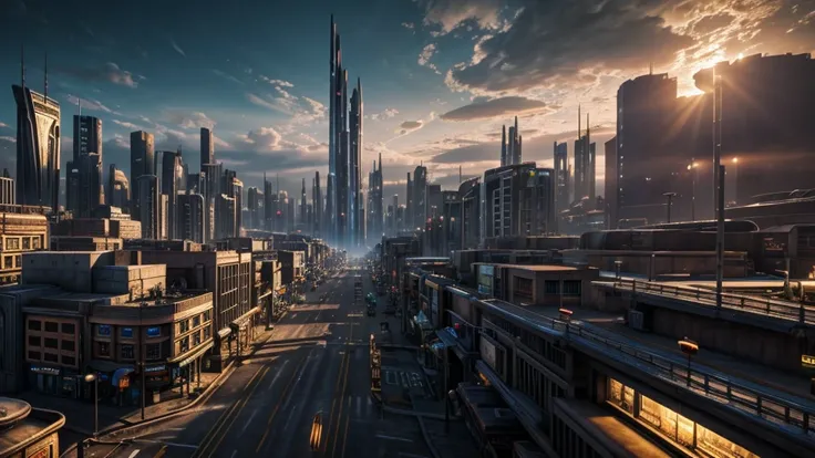 a vivid sci-fi town, cinematic atmosphere, dramatic lighting, hyper-detailed, photorealistic, 8k, HDR, physically-based rendering, masterpiece