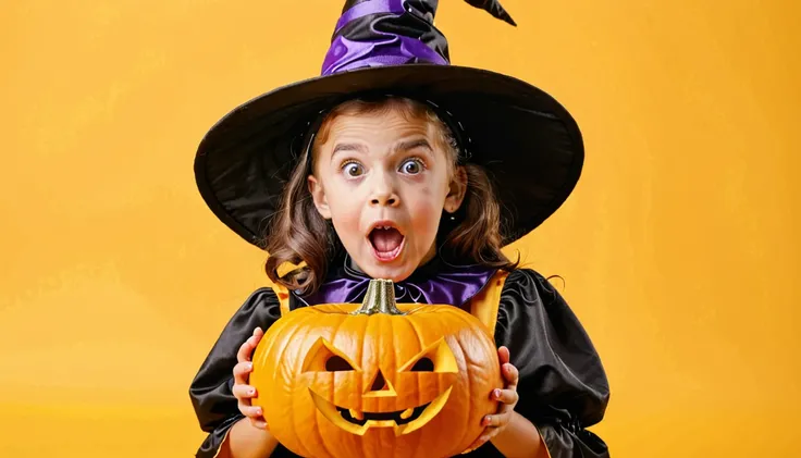 surprised kid wearing witch halloween costume with pumpkin on yellow background