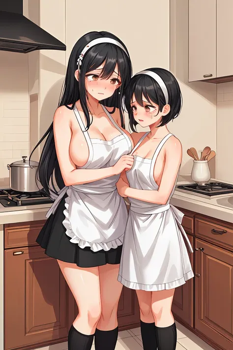 Beauty mother-in-law　Black Hair　A little height difference　Mother and daughter have beautiful breasts　hair band　Both mother and daughter are holding back tears.　Naked Apron　kitchen　mini skirt　Black knee-high socks