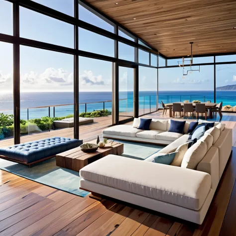 generate an elegant oceanfront living room with large glass windows offering panoramic ocean views. the space should feature a p...