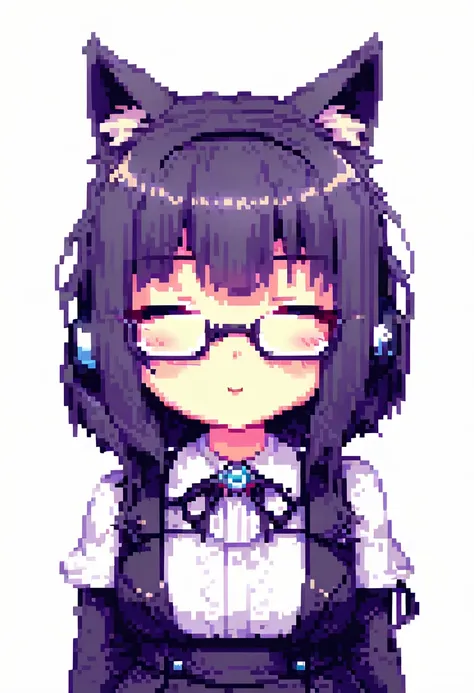 a cute anime girl with cat ears, wearing headphones and glasses, in a 2d pixel art style