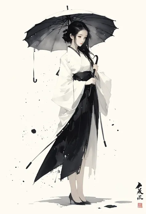 艺术ink painting，立体ink painting，minimalism，minimalism的图形，minimal art，chinese anime girl，whole body，chinese，，ink painting，umbrella，...