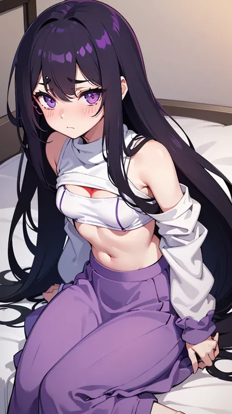 Teenage girl ((small stature)) ((White skin)) ((purple eyes)) ((long hair, emo on one eye)) ((black hair)) ((Shy and blushing)) ((small breasts)) ((small hips)) ((lying in bed with long, loose sweatshirt)) ((long skirt))