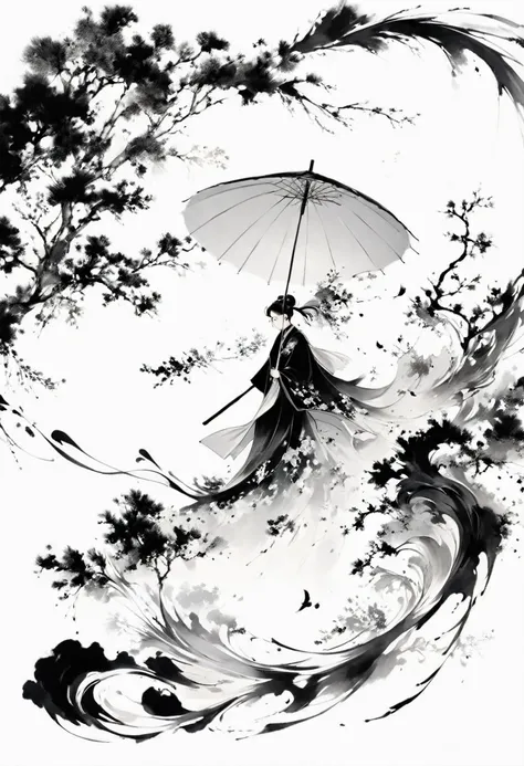 (Lots of white space:1.5)，(Lots of white space around:1.6), White background, simple, Minimalism, abstract,Freehand，Aesthetic，black and white，Ink Painting，antiquity，Umbrella，Falling Flowers