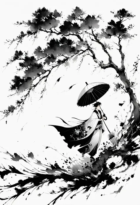 (Lots of white space:1.5)，(Lots of white space around:1.6), White background, simple, Minimalism, abstract,Freehand，Aesthetic，black and white，Ink Painting，antiquity，Umbrella，Falling Flowers