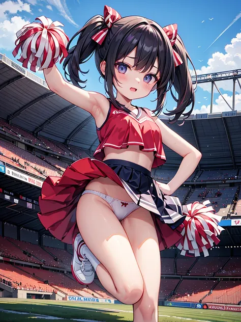 RAW Photos, Highest quality, High resolution, Very detailed、 8K image quality、Cheerleader、skirt、13 years old、Stadium、Panties、Jump