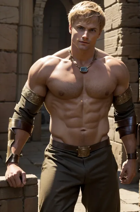 Ancient Rome. Muscular, with a carefully shaved face, no beard or mustache, handsome, scantily dressed, blond Bradley James, centurion of the Roman army, 45 years old. He fucks the ass of a red-haired 18 year old slave boy, poorly dressed, who is in love w...