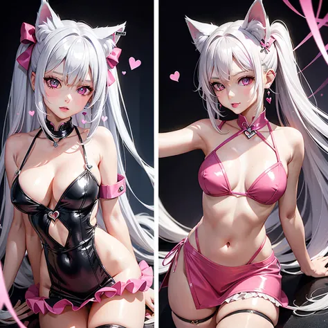 Silver hair, pink eyes, body, cat ears, sexy girl, earrings, heart background fantasy, hot pink dress uniform, hair bows