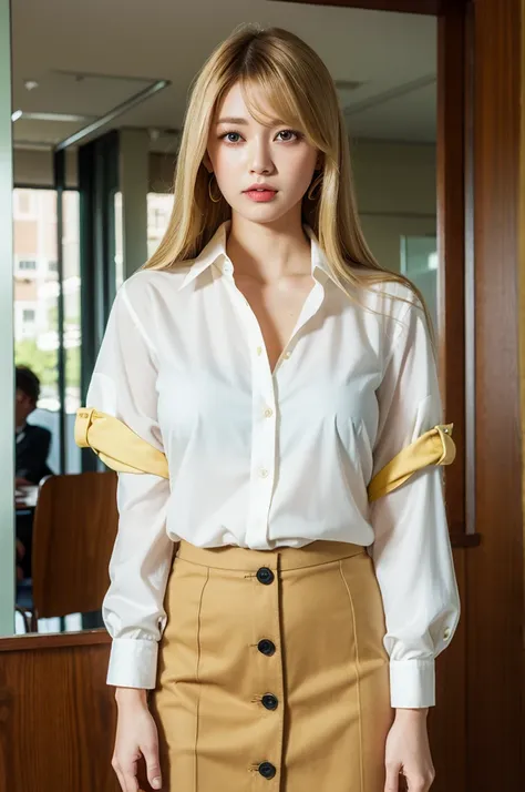 Best quality, Ultra-high resolution, (Photorealistic:1.4), 1girll, button- shirt, Skirt, Office, Brown hair, open Breasts, (Blonde hair:1.2), view the viewer,