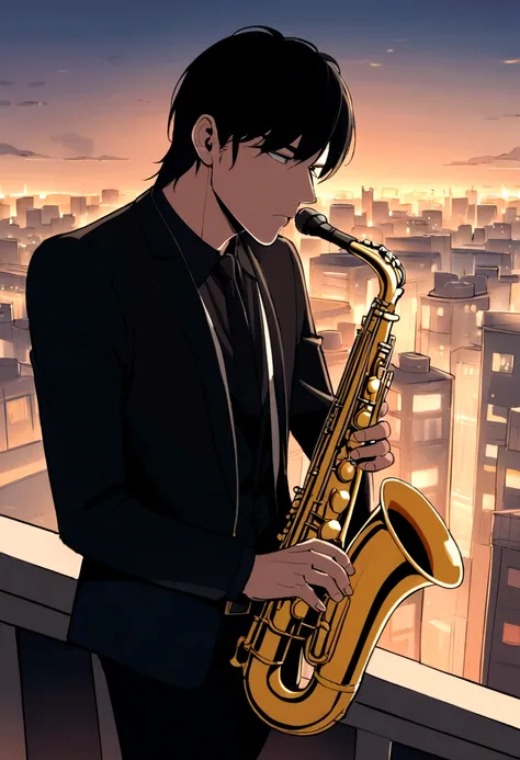 Photo of a character playing the saxophone on a rooftop overlooking a bustling city,original,He is Rick Astley, male