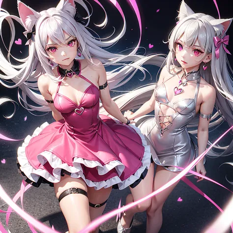 Silver hair, pink eyes, body, cat ears, girl, earrings, heart background fantasy, hot pink dress uniform, hair bows