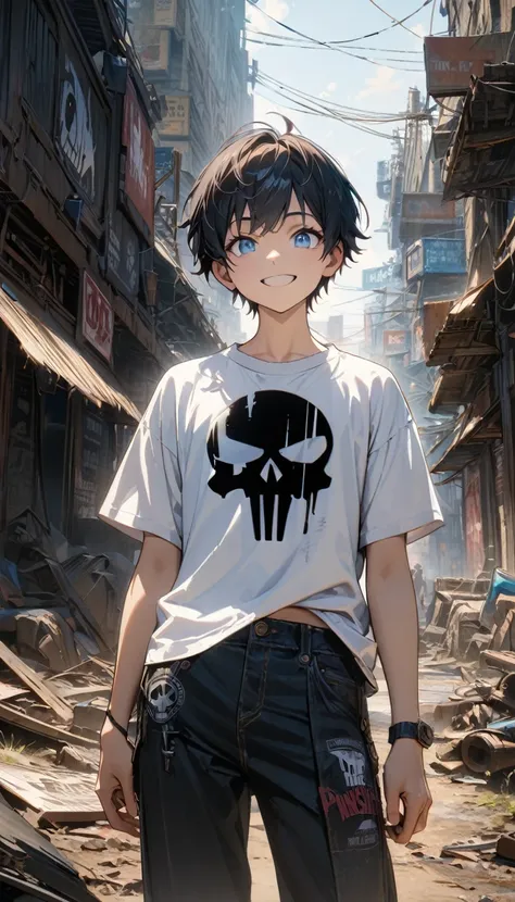 Little boy, short black hair, blue eyes, white T-shirt, the Punisher logo, smile, pants, Masterpiece, best quality, Full HD, 8k, ultra details, great graphic