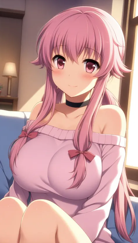 score_9, score_8_up, score_7_up, source_anime, yunogasai, yuno gasai, long hair, pink eyes, pink hair, smile, low twintails, In this scene, Yuno Gasai is depicted relaxing in her living room as the sun rises, casting a warm golden light through the window....