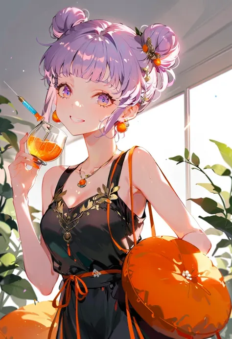 Purple hair girl painting、Glass mandarin orange earrings decorate both ears、Eye color: Ocean pink purple、Space Eyes、Poolside、(((Giant orange shaped cushion)))、((Hugging on a cushion))、Sit down, long hair、Bun Hair、Cool and complicated, Hand holding sliced o...