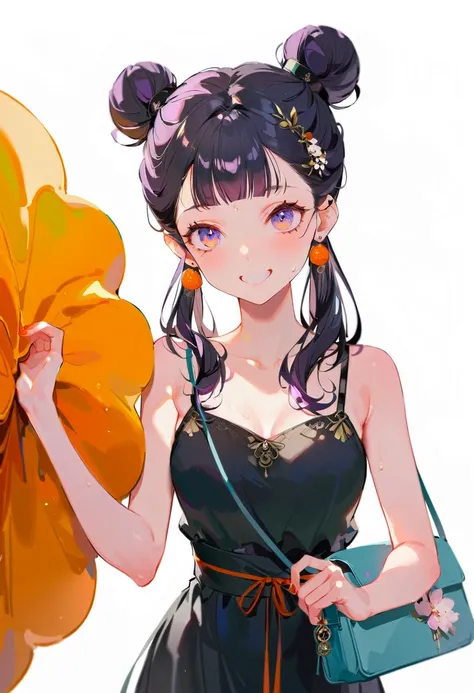 Purple hair girl painting、Glass mandarin orange earrings decorate both ears、Eye color: Ocean pink purple、Space Eyes、Poolside、(((Giant orange shaped cushion)))、((Hugging on a cushion))、Sit down, long hair、Bun Hair、Cool and complicated, Hand holding sliced o...