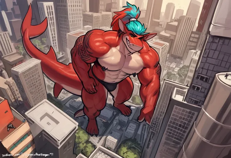 bright red colored bara shark, white countershade, red skin, large hairy pecs, strong physique, tribal tattoos, scarlet samurai hair in ponytail, cyan colored eyes, black sclera, very muscular, perfect anatomy, scars on body, full body view in frame, nippl...