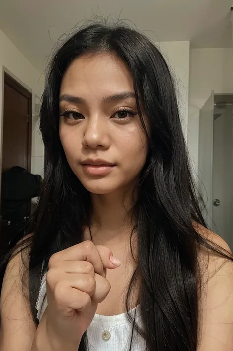 A photo of a Filipina woman with long black hair doing the number five hand gesture with her right hand. Her face is facing forward and she has no makeup on her face.