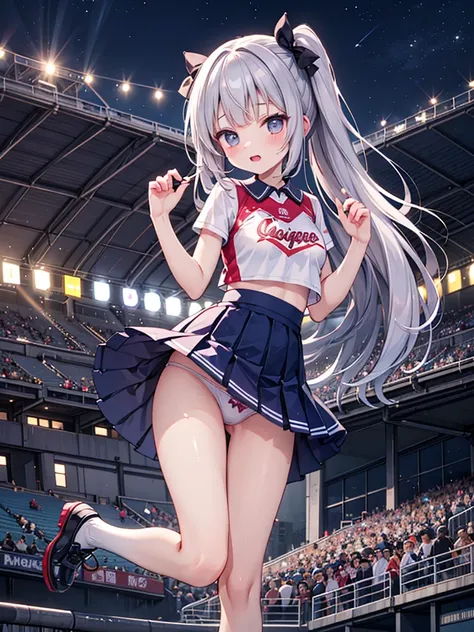 RAW Photos, Highest quality, High resolution, Very detailed、 8K image quality、Cheerleader、skirt、13 years old、Stadium、Panties、Jump、A friendly duo