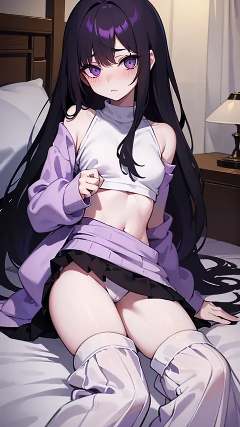 Teenage girl ((slim))((small stature)) ((White skin)) ((purple eyes)) ((black hair, long, emo on one eye)) ((Shy and blushing)) ((the plan)) ((small breasts)) ((small hips)) ((lying in bed with long, loose sweatshirt)) ((long skirt))