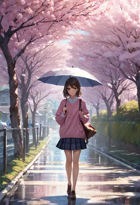 masterpiece, best quality, Extremely detailed, illustration, Wide Angle, 1 girl holding an umbrella, Solitary, Walking in the middle of the road, Pink cherry blossom trees on the roadside, whole body, sweater, Short skirt, Fashion, work, balance, rhythm, c...