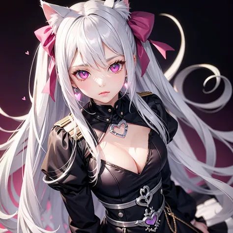 Silver hair, pink eyes, body, cat ears, girl, earrings, heart background fantasy, dress uniform, hair bows