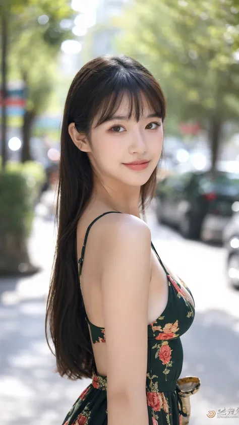 ((Best quality, 8K, masterpiece:1.3))，1girl，18 years old，Asian，Real texture:1.3，(Background blur:1.1)，Gorgeous long dress，Tall and slender figure:1.2，(Hot summer weather)，（street:1.3），Highly detailed face and skin textures，Exquisite eyes，Long eyelashes，Dou...