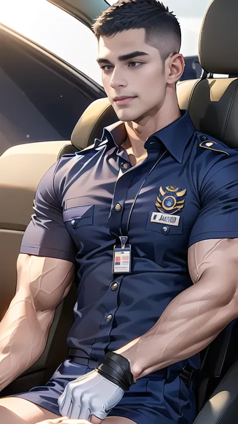 (Create a masterpiece: 1.2),(CGI art:1.3),(realistic:1.5),(After processing:1.3),(Sharp focus:1.3), 1 man holds the steering wheel of a car ,(crew cut short hair:1.8),black eye, smile,(navy police uniform outsite :1.5),(shirt short sleeves:1.5),collar,(shi...