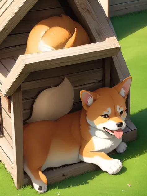 Highest Resolution,Highest quality,Shiba Inu,可愛いShiba Inu,Fluffy,Eating bait,smile,Drooling,Dripping saliva,Overflowing dripping,Iyashiba dog,garden,doghouse,grass,