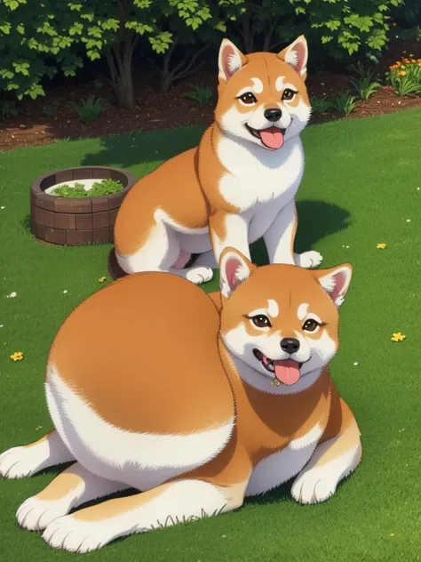 Highest Resolution,Highest quality,Shiba Inu,可愛いShiba Inu,Fluffy,Eating bait,smile,Drooling,Dripping saliva,Overflowing dripping,Iyashiba dog,garden,doghouse,grass,