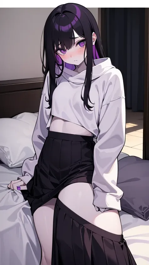 Teenage girl ((slim))((small stature)) ((White skin)) ((purple eyes)) ((black hair, long, emo on one eye)) ((Shy and blushing)) ((the plan)) ((small breasts)) ((small hips)) ((lying in bed with long, loose sweatshirt)) ((long skirt))