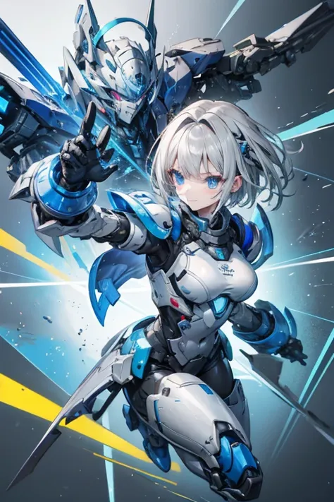 Female Android　Girl　masterpiece　Gray Hair　short　Blue armor　high school girl　Mechanical Combatant　whole body　smile