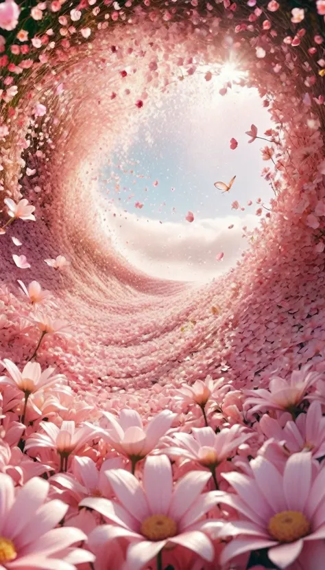 wallpaper，From below,best quality,32k,RAW photos,Ridiculous,Extremely detailed,Delicate texture,A huge wave of flowers and petals was swallowed up,fantasy,fairy tale,Pastel colors,Motion Blur,Action route,cinematic lighting, motion lines, first-person view