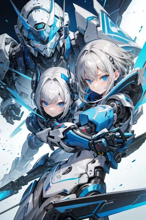 Female Android　Girl　masterpiece　Gray Hair　short　Blue armor　high school girl　Mechanical Combatant　whole body　smile