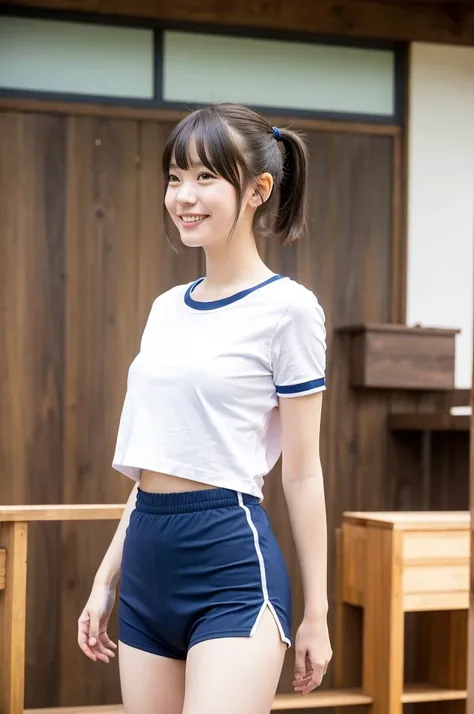 girls walking in sunny wooden school classroom,white school t-shirt with blue trim,navy blue swimming briefs,18-year-old,bangs,a little smile,thighs,knees,short hair with low pigtails bunches,from beside,front light