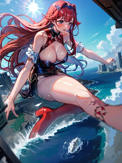 Giantess appears from underwater in front of a giant cruise ship, the cruise ship looks very small in front of her because it is giant, she is naked, she has red hair and white skin, she has small breasts but very sexy legs and her body is very curvy. Godd...