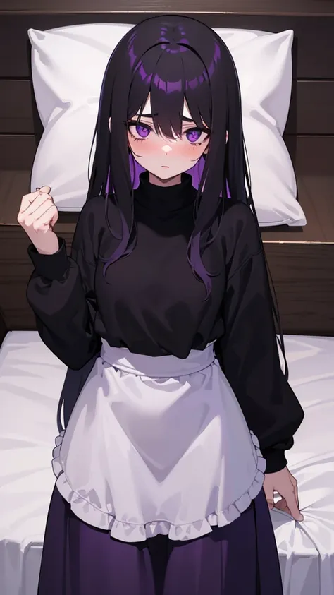 Teenage girl ((slim))((small stature)) ((White skin)) ((purple eyes)) ((black hair, long, emo on one eye)) ((Shy and blushing)) ((the plan)) ((small breasts)) ((small hips)) ((lying in bed with long, loose sweatshirt)) ((long skirt))