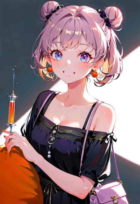 Purple hair girl painting、Glass mandarin orange earrings decorate both ears、Eye color: Ocean pink purple、Space Eyes、Inside the room、(((Giant orange shaped cushion)))、((Hugging on a cushion))、Sit down, long hair、Bun Hair、Cool and complicated, Hand holding s...